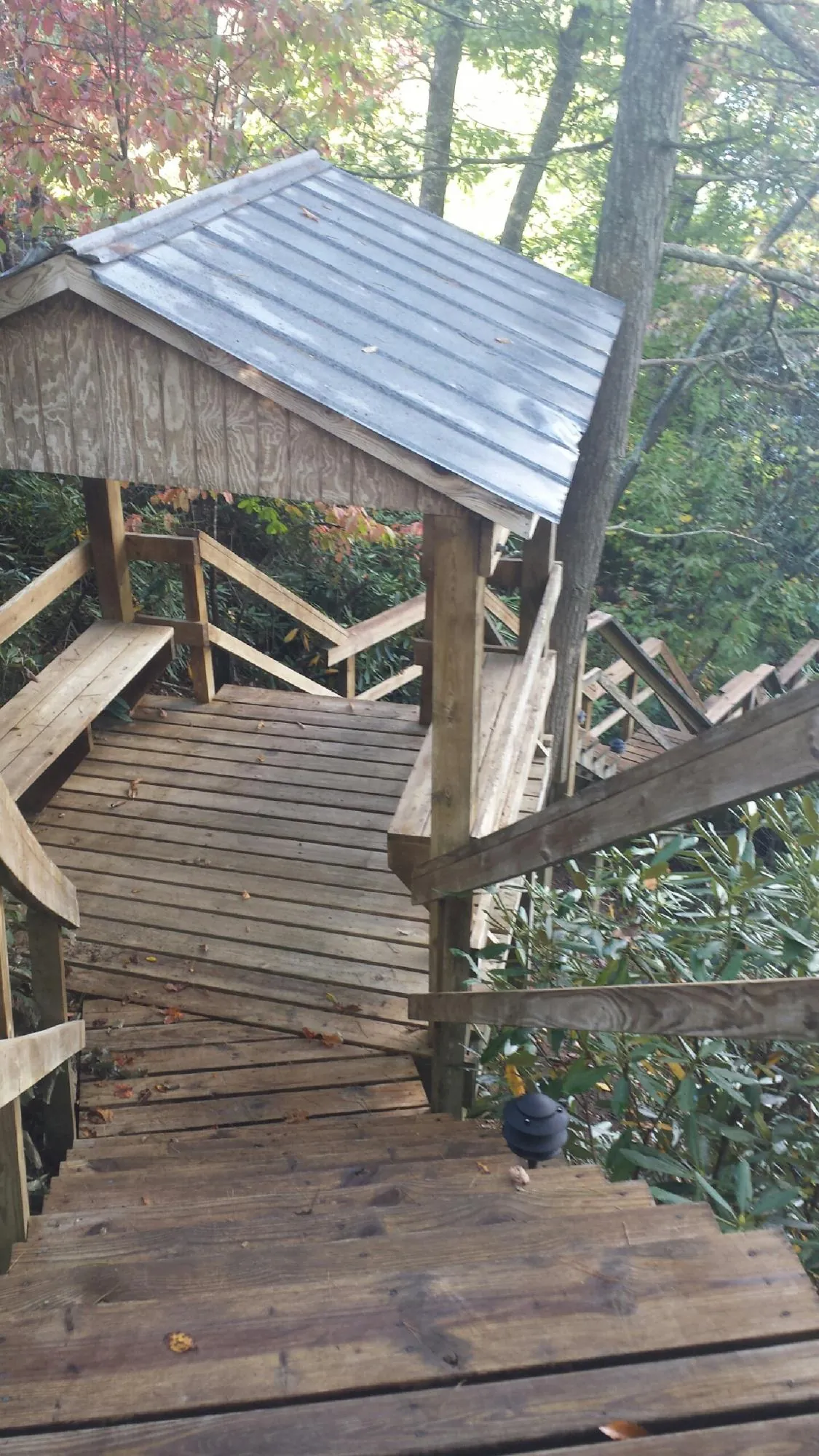 Metal roofed shelter over wooden steps on a wooded walkway — Skylight Repair & Installation work by our crew in Eddyville